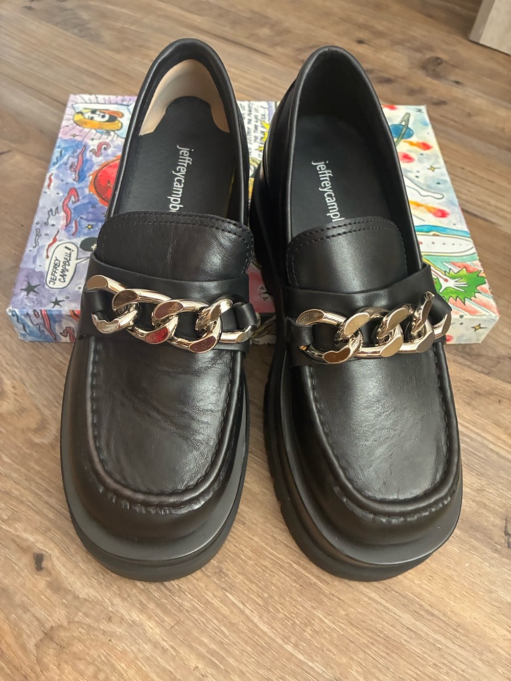 Jeffrey Campbell Black Leather Loafers with Gold Chain